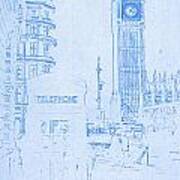 Big Ben In London  - Blueprint Drawing #1 Art Print