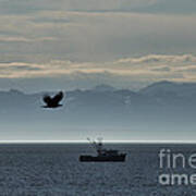 Bird Boat And Mountains Art Print