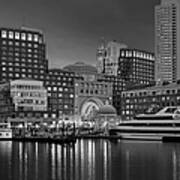 Boston Harbor Skyline And Financial District Bw Art Print