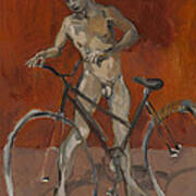 Boy With Bicycle Red Oxide Art Print