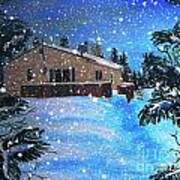Bright Snowy Night At The Cabin Art Print