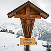 Brown Wayside Crucifix In The Mountains In Winter With Snow Art Print