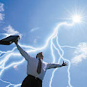 Businessman With Arms Raised And Lightning Bolts Art Print
