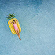 Carefree Woman On Inflatable Pineapple Art Print