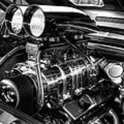Chevy Supercharger Motor Black And White Art Print