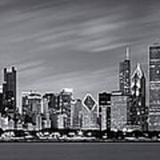 Chicago Skyline At Night Black And White Panoramic Art Print