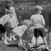 Children Playing Beside A Pond Art Print