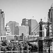 Cincinnati With Roebling Bridge Black And White Picture Art Print