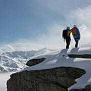 Climbers Stand On Snowy Mountain Art Print