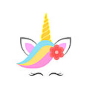 Cute Unicorn Face With Flower. Unicorn Head. Vector Art Print