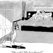 Dog Enters Room Where Poodle And Man Are In Bed Art Print