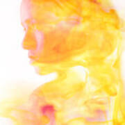 Double Exposure Of Face Of Mixed Race Woman And Fire Art Print