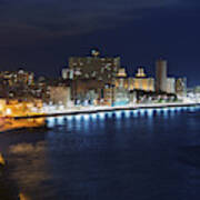 El Malecon, At Night, Havana, Cuba Art Print