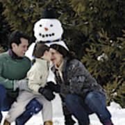 Family With Snowman Art Print
