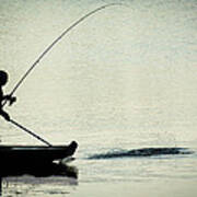 Fisherman Catching Fish On A Twilight Lake Art Print