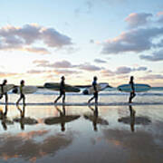 Five Surfers Walk Along Beach With Surf Art Print