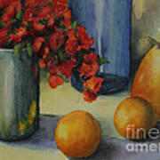 Geraniums With Pear And Oranges Art Print