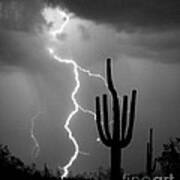 Giant Saguaro Cactus Lightning Strike Bw Art Print