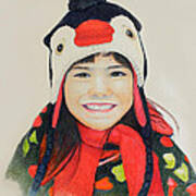 Girl In The Penguin Cap Art Print