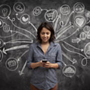 Girl On Phone With Social Media Chalkboard Art Print