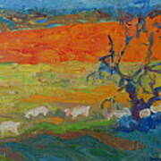Goats With Orange Hill And Blue Tree Art Print
