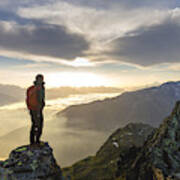 Hiker On Mountains Enjoy Sunrise Art Print