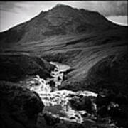 Iceland Landscape With River And Mountain Black And White Art Print