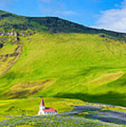 Iceland Mountain Landscape With Church In Vik Art Print