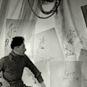 Jean Cocteau With A Cane And Drawings Art Print