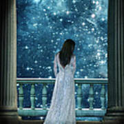 Lady On Balcony At Night Art Print