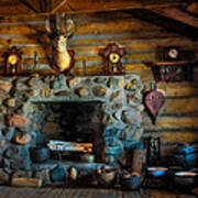 Log Cabin With Fireplace Art Print