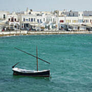 Lone Boat Anchored Off Mykonos - A Art Print