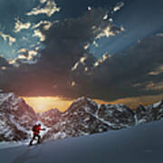 Lone Climber On A Snowy Slope At Sunrise Art Print