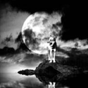 Lonely Wolf With Full Moon Art Print