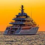 Luxury Yacht On Open Sea At Sunset Art Print