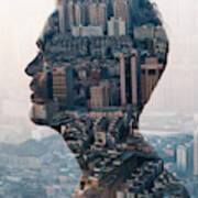 Man And Cityscape,double Exposure Art Print