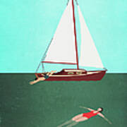 Man And Woman Swimming In Sea By Boat Art Print