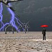 Man Takes In Storm Under Umbrella Art Print