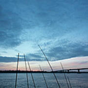 Mekong River At Dawn With Bridge Art Print