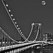 Moon Rise Over The George Washington Bridge Bw Art Print