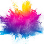 Multi Color Powder Explosion Isolated On White Background. Colored Dust Splash Cloud  On White Background. Launched Colorful Particles On Background. Painted Holi In Festival. Art Print