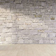 Natural Stone Wall And Wooden Floor, 3d Rendering Art Print