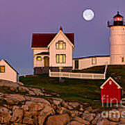 Nubble Lighthouse And Moon Art Print