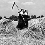 Nuns Harvest Oats In Fields Art Print