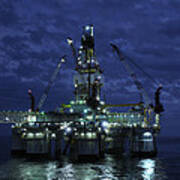Offshore Oil Rig At Night Art Print