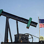 Oil Pump Jack And American Flag Waving Art Print