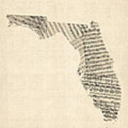 Old Sheet Music Map Of Florida Art Print