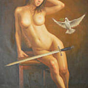 Original Classic Oil Painting Female  Body Art -nude Girl And Sword Art Print