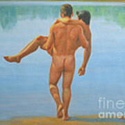 Original Oil Painting Man Body Art -male Nude By The Pool -073 Art Print