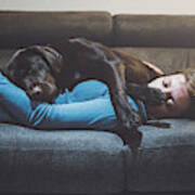 Pet Dog Asleep On Woman Art Print